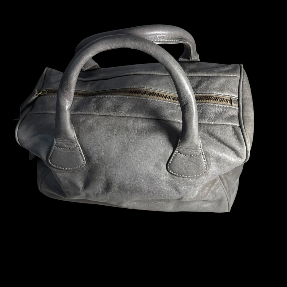 Lona Gutknecht USA Grey Leather Satchel Bag with Geometric Print Lining